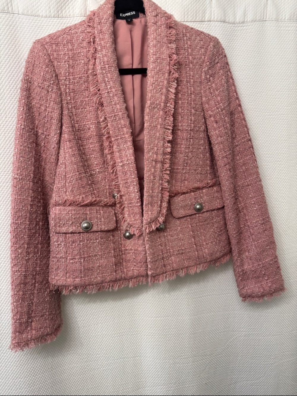 Express Pink Tweed Fringed Pocket Blazer